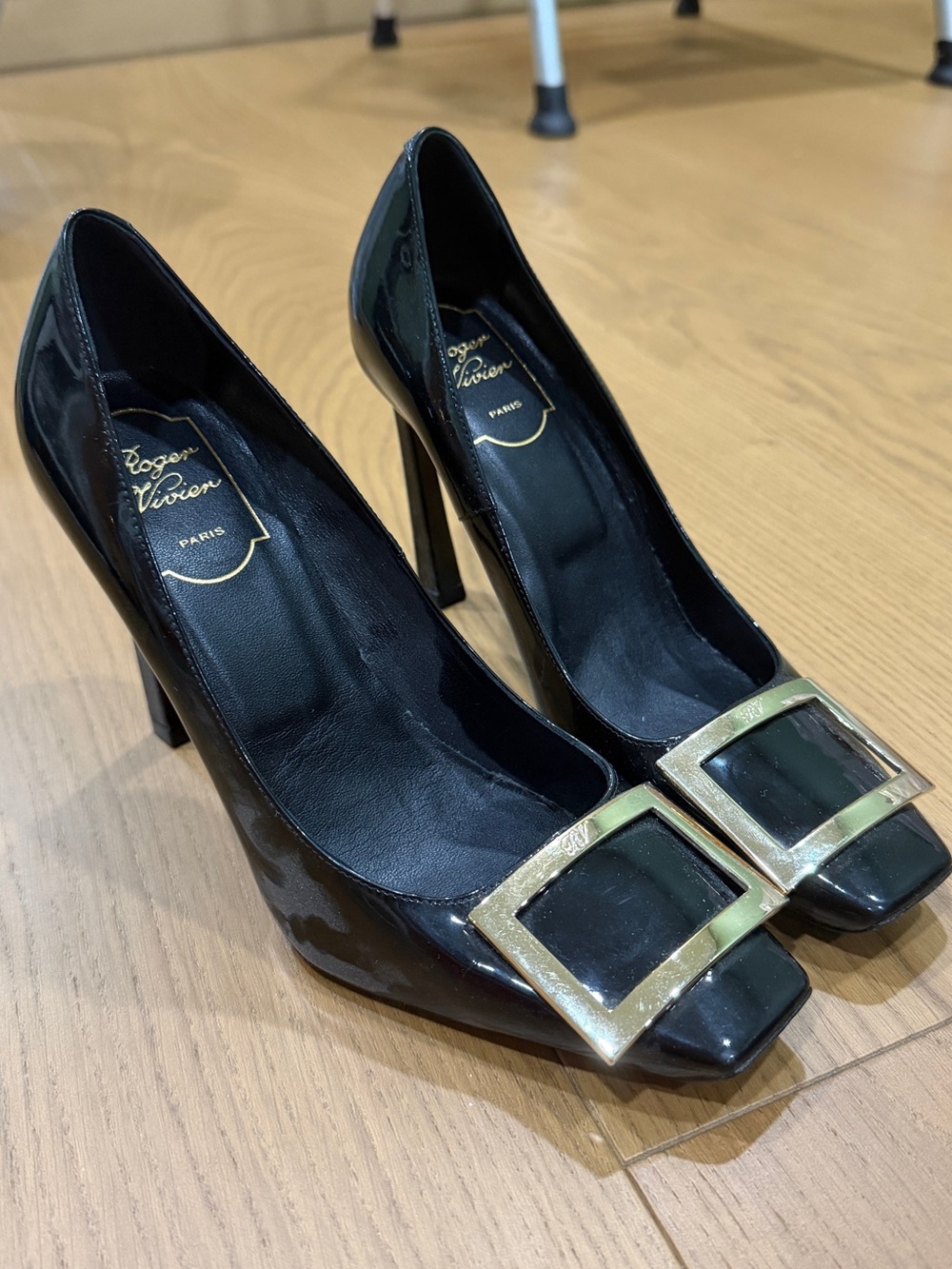 Roger Vivier Black Patent Pumps with Gold Square Buckle
